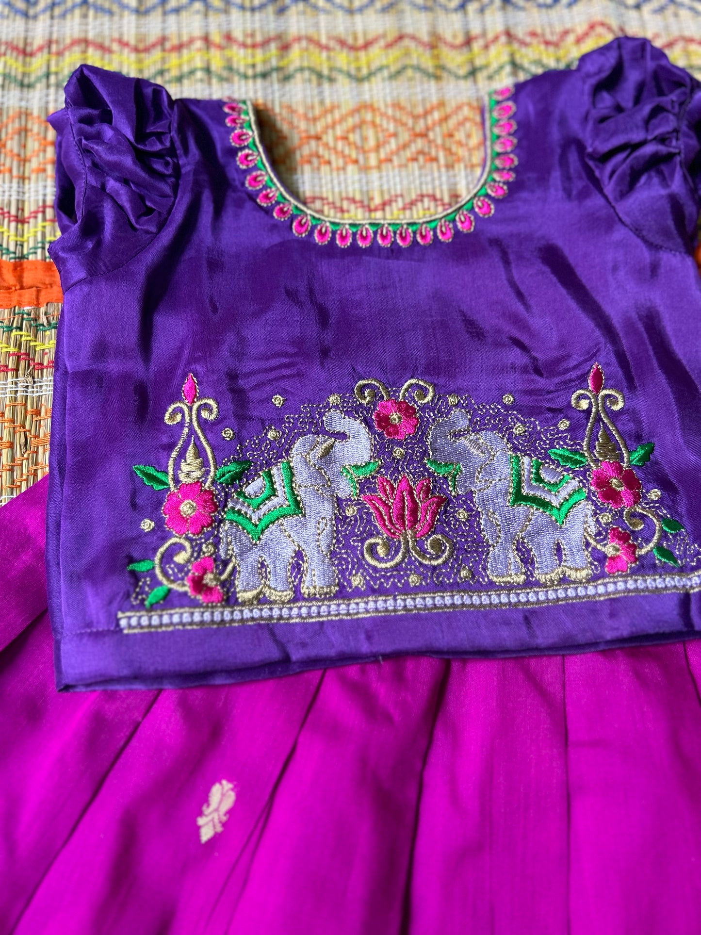 Purple with pink beautiful elephant embroidery work langa blouse , pavada, lehenga for baby girl ethnic wear