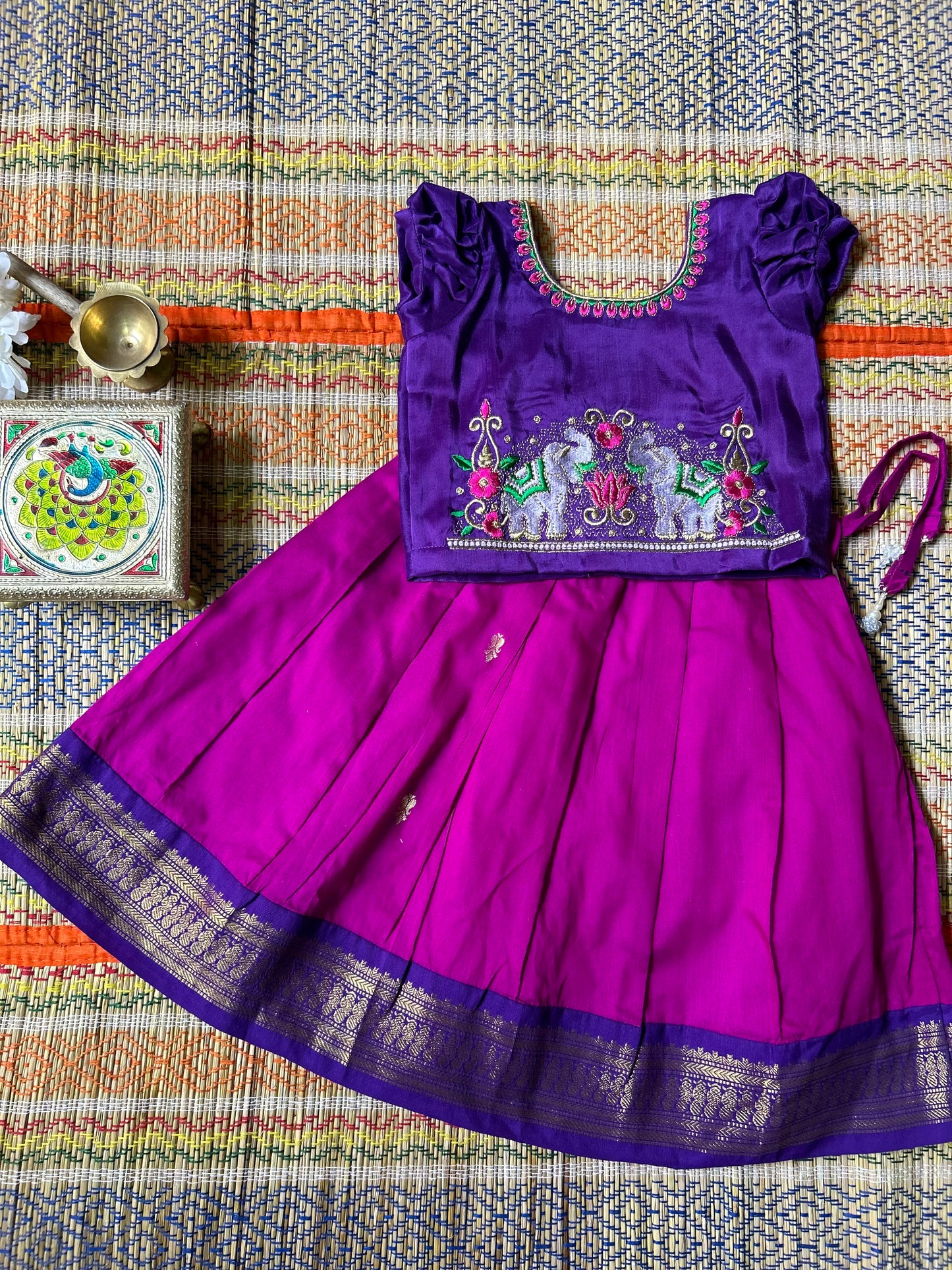 Purple with pink beautiful elephant embroidery work langa blouse , pavada, lehenga for baby girl ethnic wear