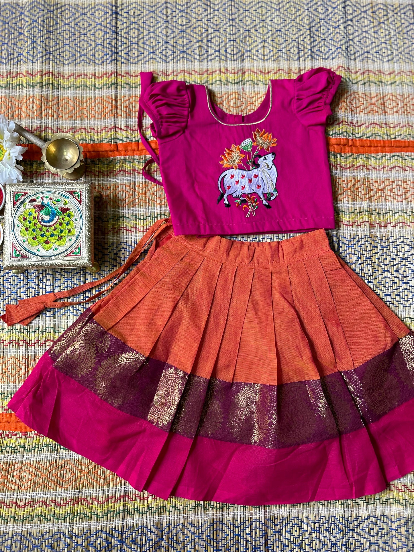 Orange with festive pink traditional langa blouse kamadenu cow embroidered zari border ethnic wear pattu pavadai silk for baby girl