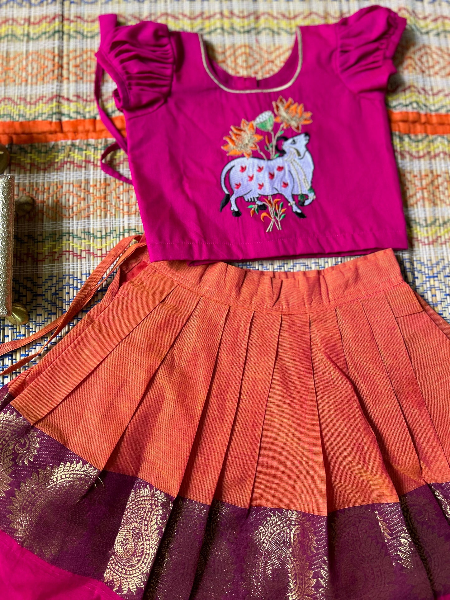 Orange with festive pink traditional langa blouse kamadenu cow embroidered zari border ethnic wear pattu pavadai silk for baby girl