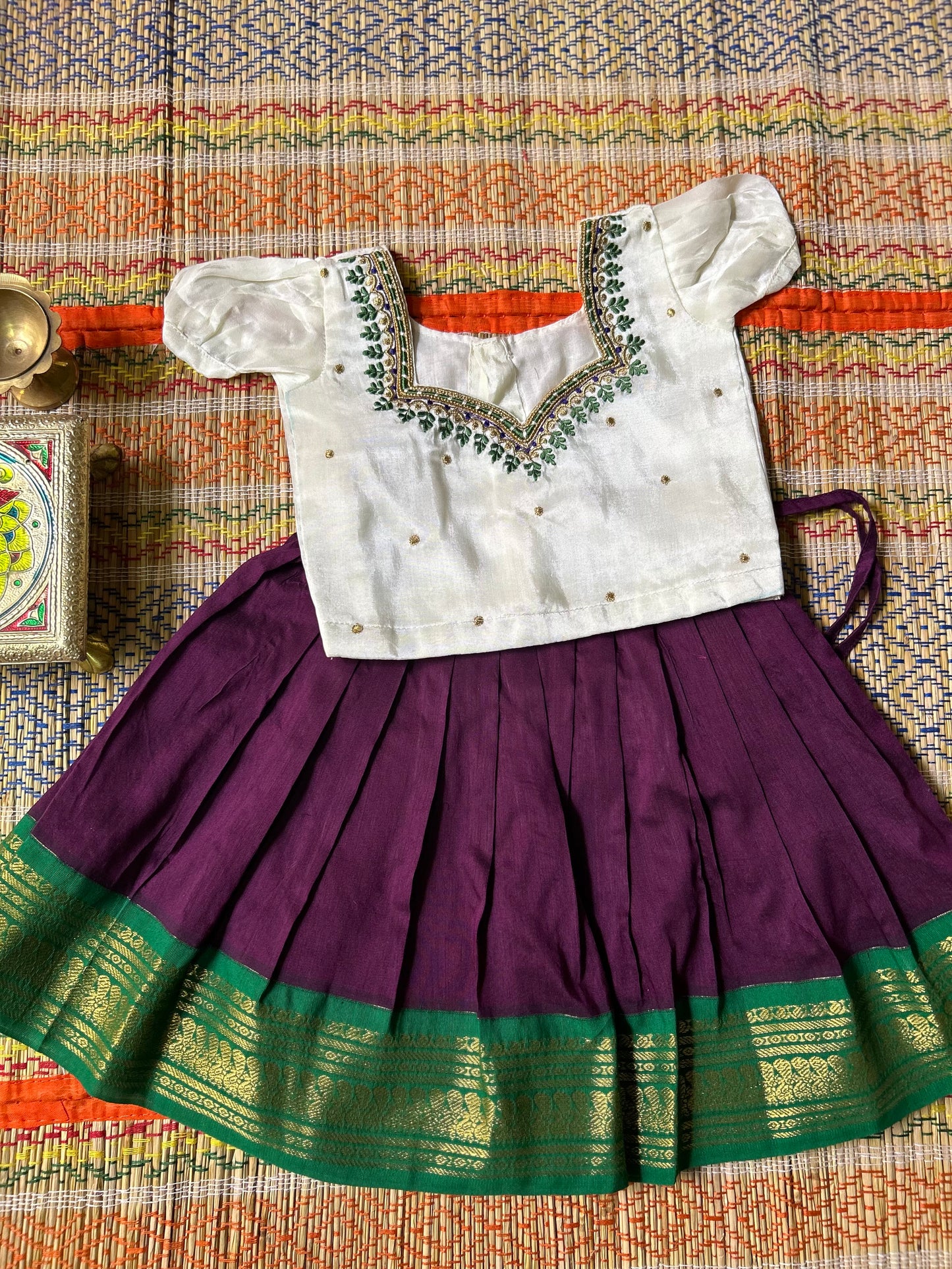 Wine with green white embroidered diamond neck Langa Blouse Ethnic Wear for baby girl