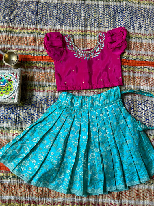 Magenta and ananda blue silk south indian ethnic wear langa blouse for baby girl