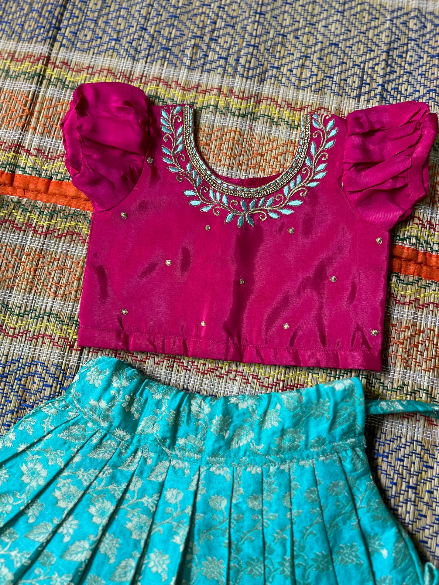 Magenta and ananda blue silk south indian ethnic wear langa blouse for baby girl