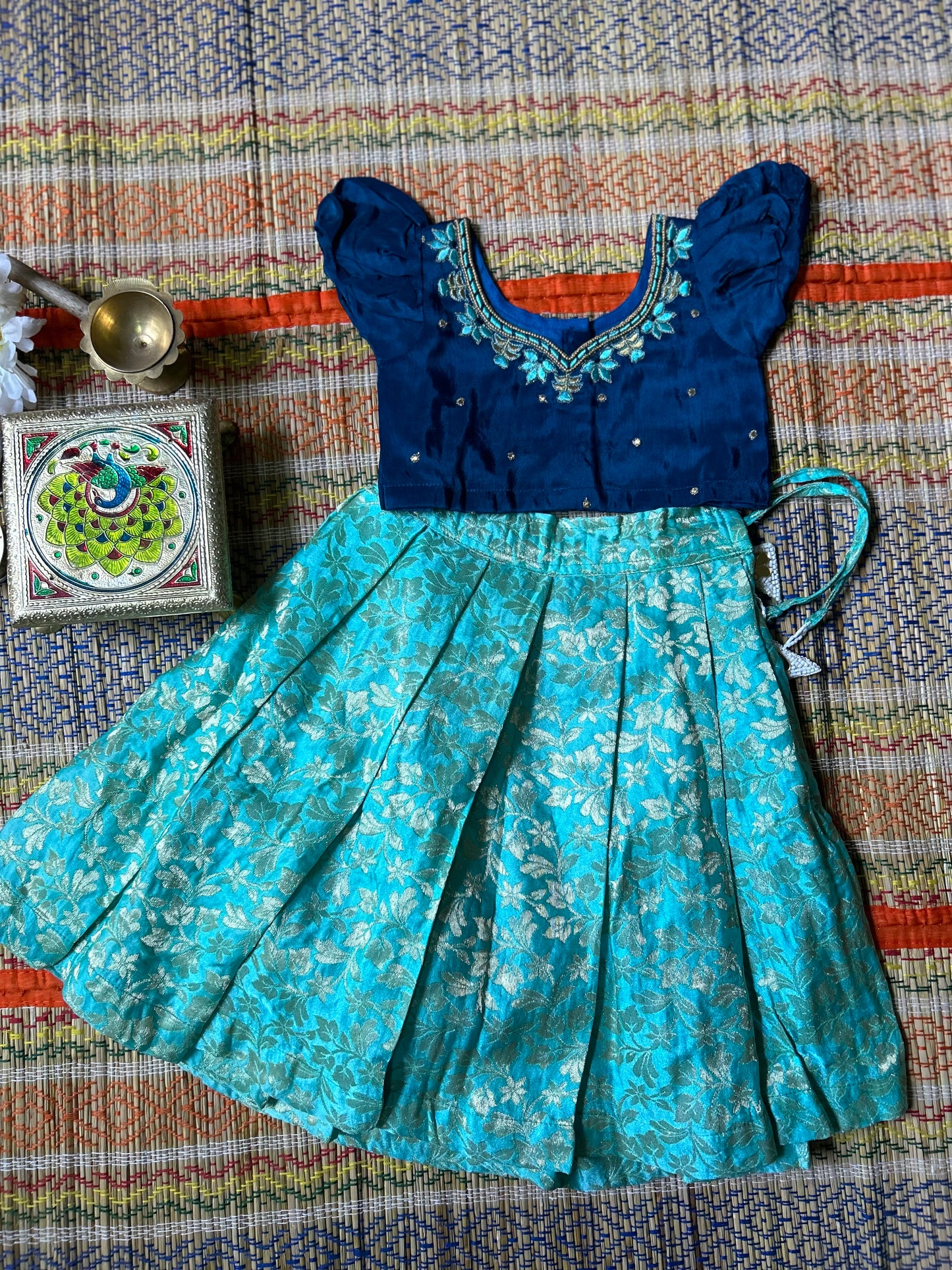 Sky blue with teal embroidered leaf neck Langa Blouse Ethnic Wear for baby girl