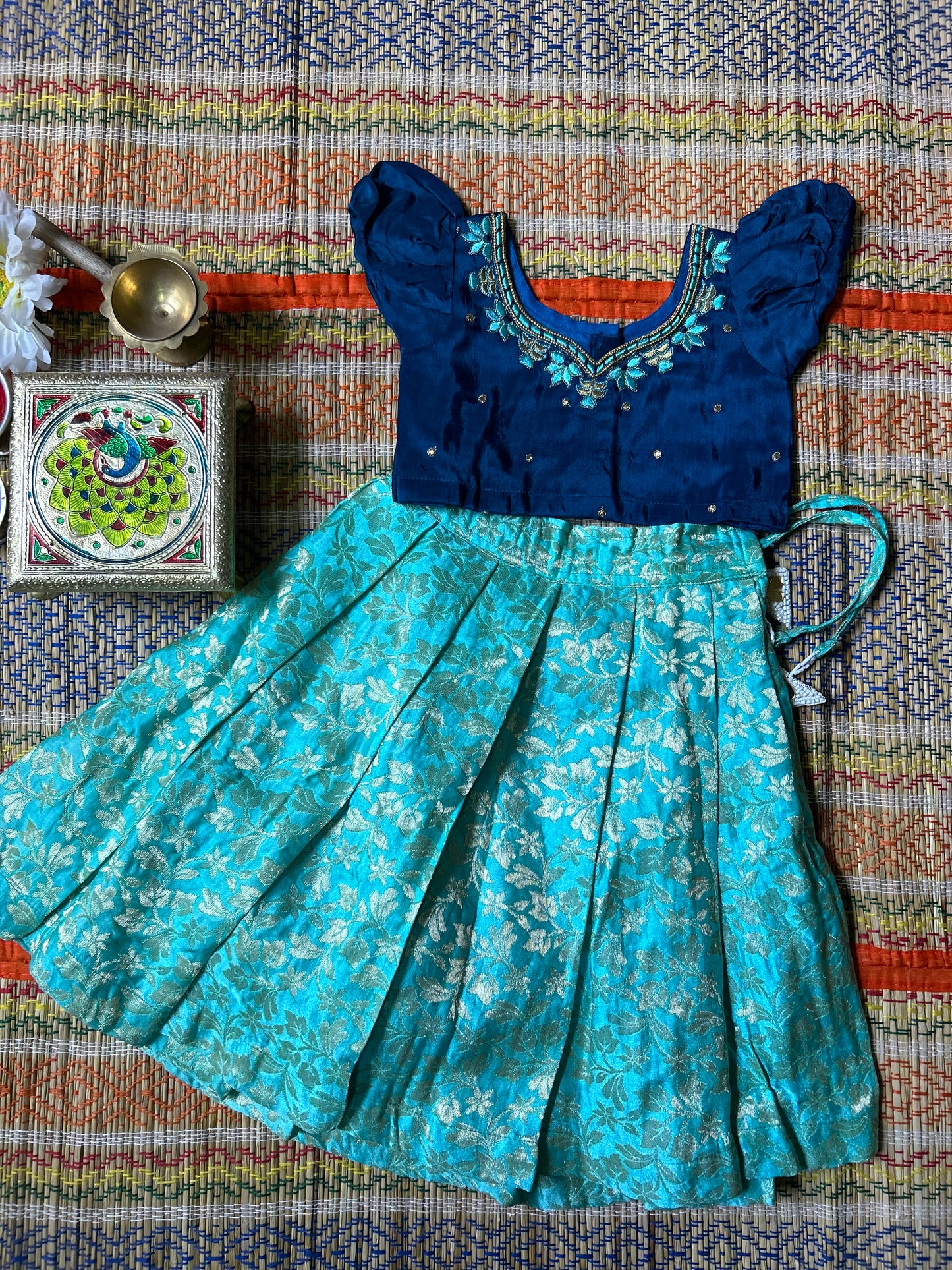 Sky blue with teal embroidered leaf neck Langa Blouse Ethnic Wear for baby girl