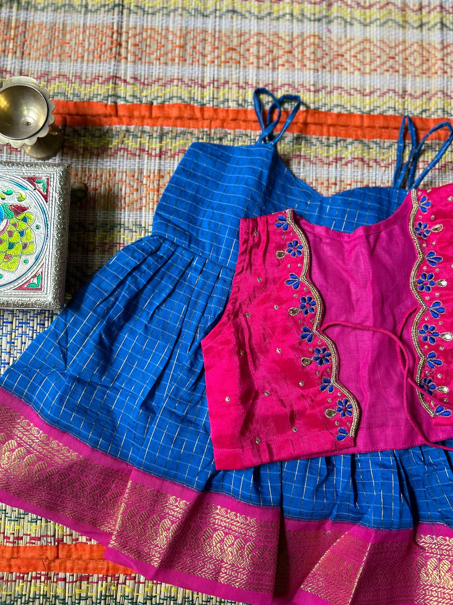 Royal blue and pink sleeveless frock and maggam work embroideried jacket ethnic wear for baby girl