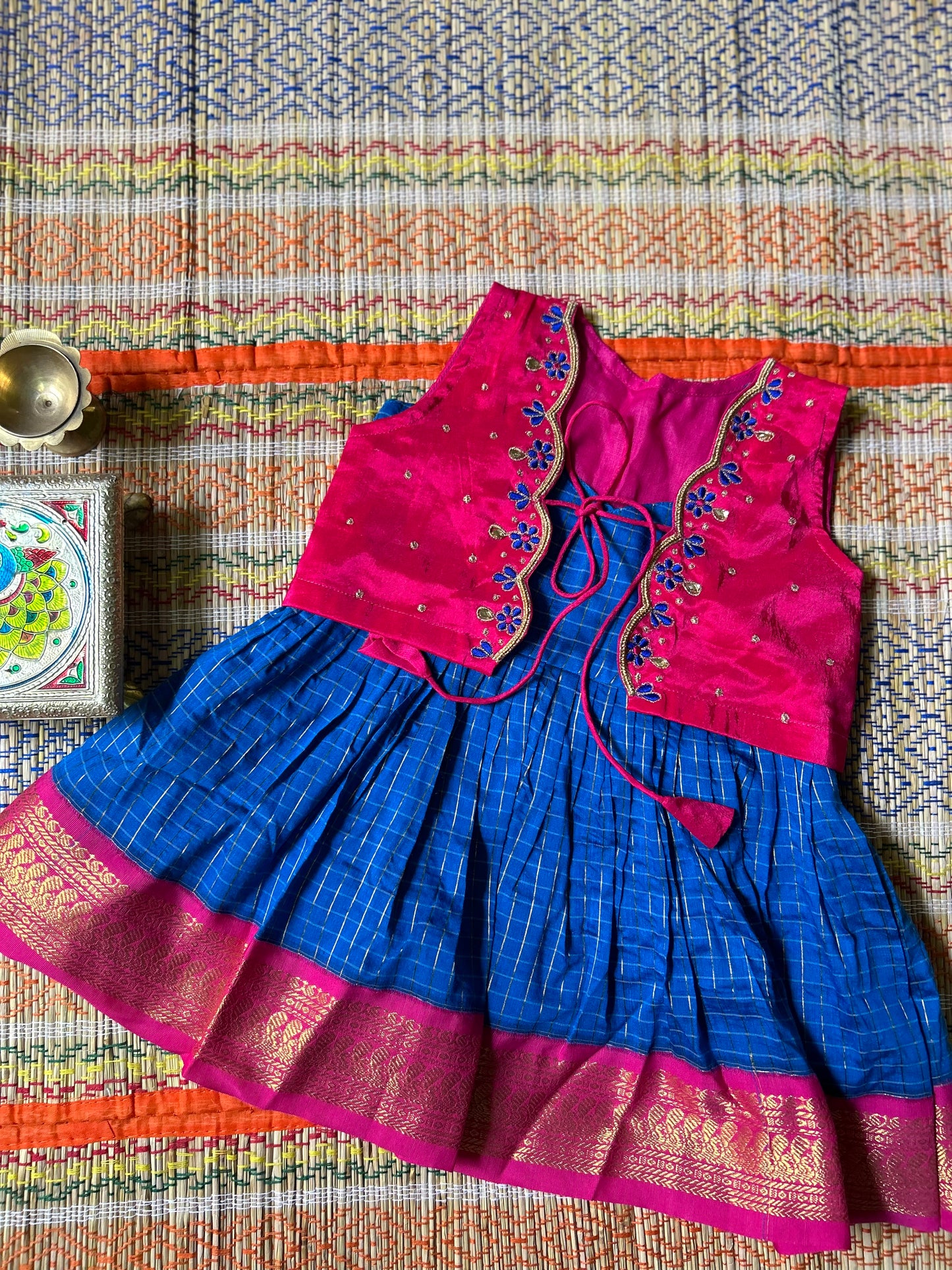 Royal blue and pink sleeveless frock and maggam work embroideried jacket ethnic wear for baby girl