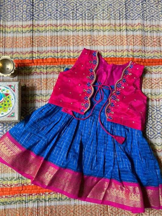 Royal blue and pink sleeveless frock and maggam work embroideried jacket ethnic wear for baby girl