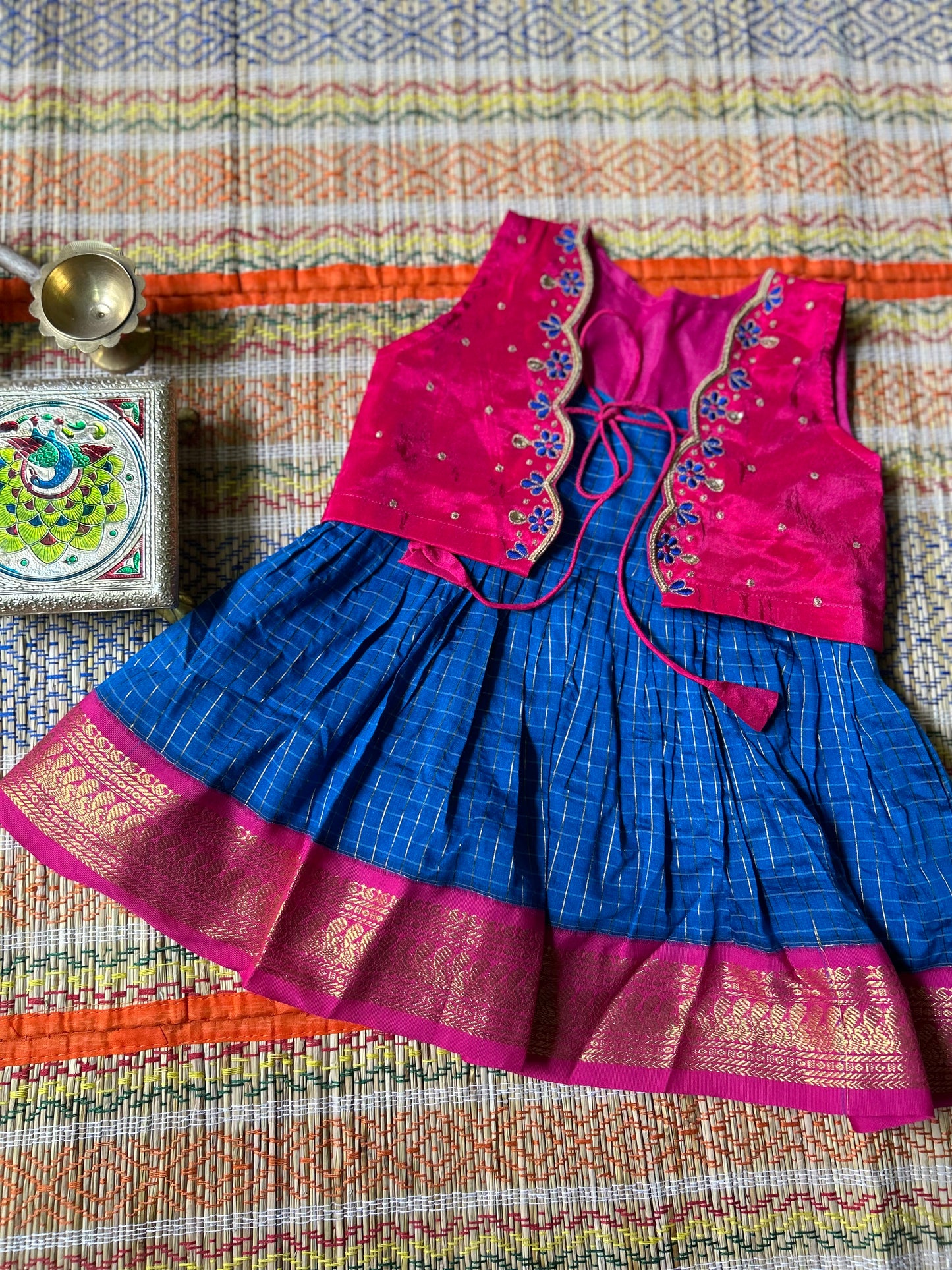 Royal blue and pink sleeveless frock and maggam work embroideried jacket ethnic wear for baby girl