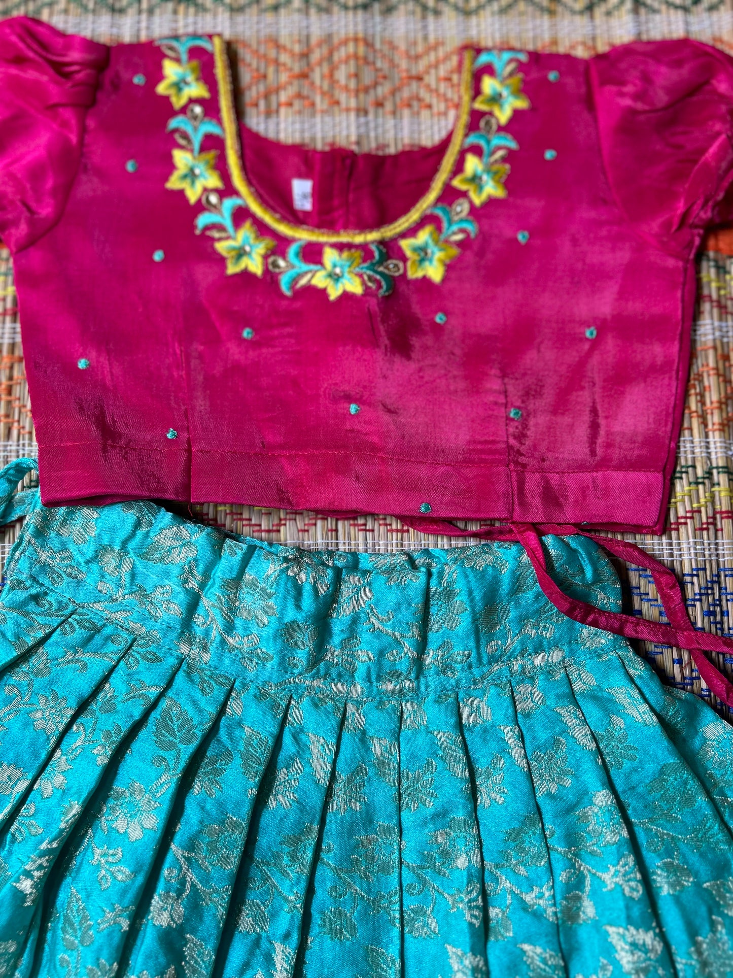 Sky Blue with Pink U neck embroidery - Langa Blouse Ethnic Wear for Baby Girl