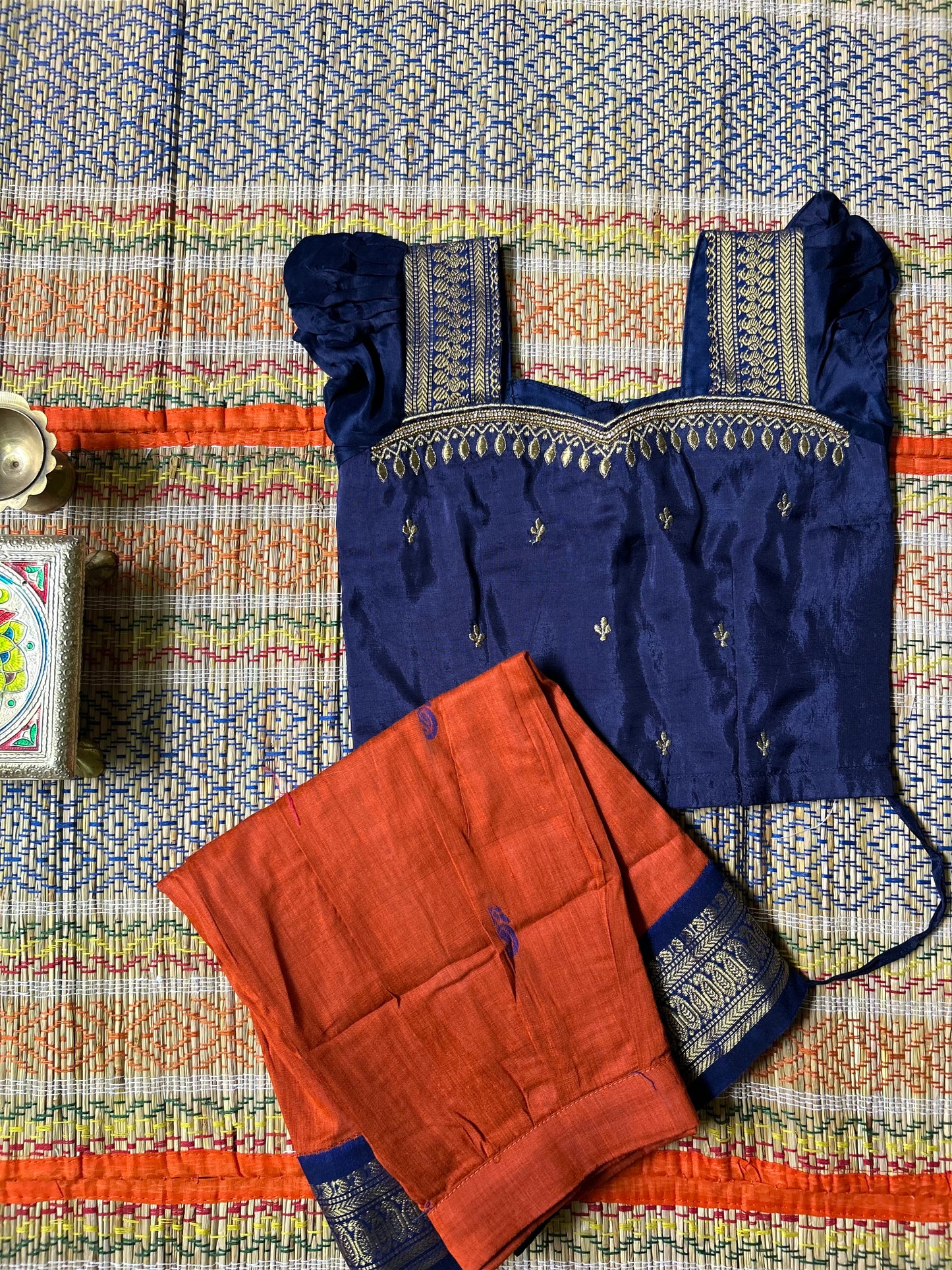 Blue and rusty orange silk (style 2) south indian ethnic wear langa blouse for baby girl