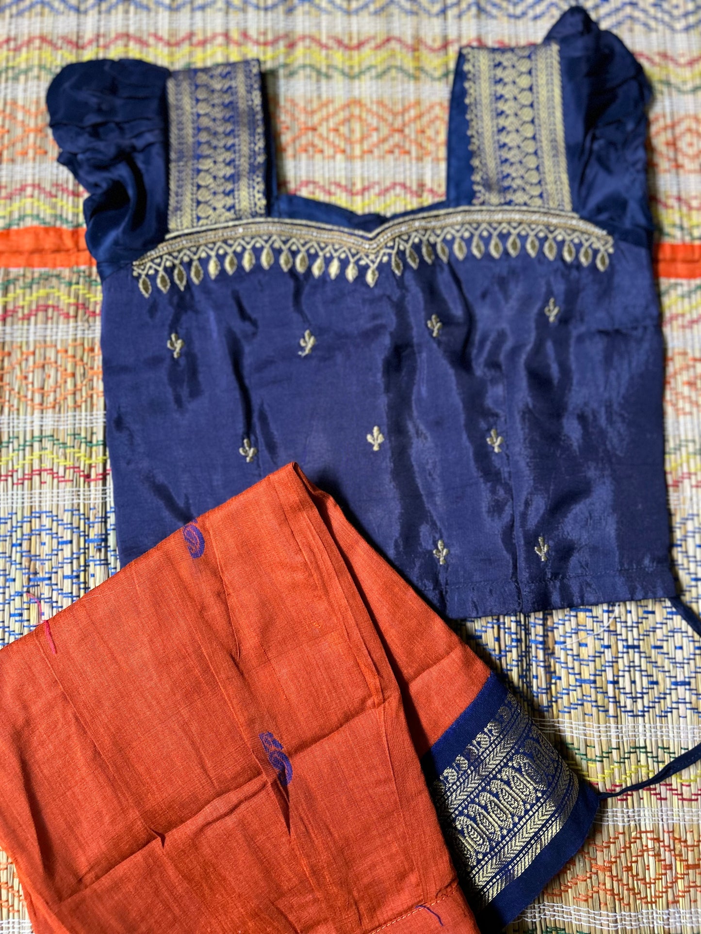 Blue and rusty orange silk (style 2) south indian ethnic wear langa blouse for baby girl