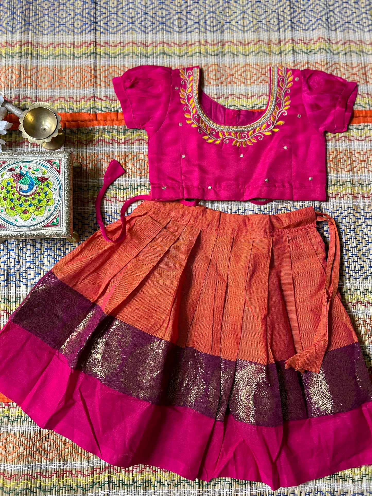 Orange with Pink U neck embroidery - Langa Blouse Ethnic Wear for Baby Girl