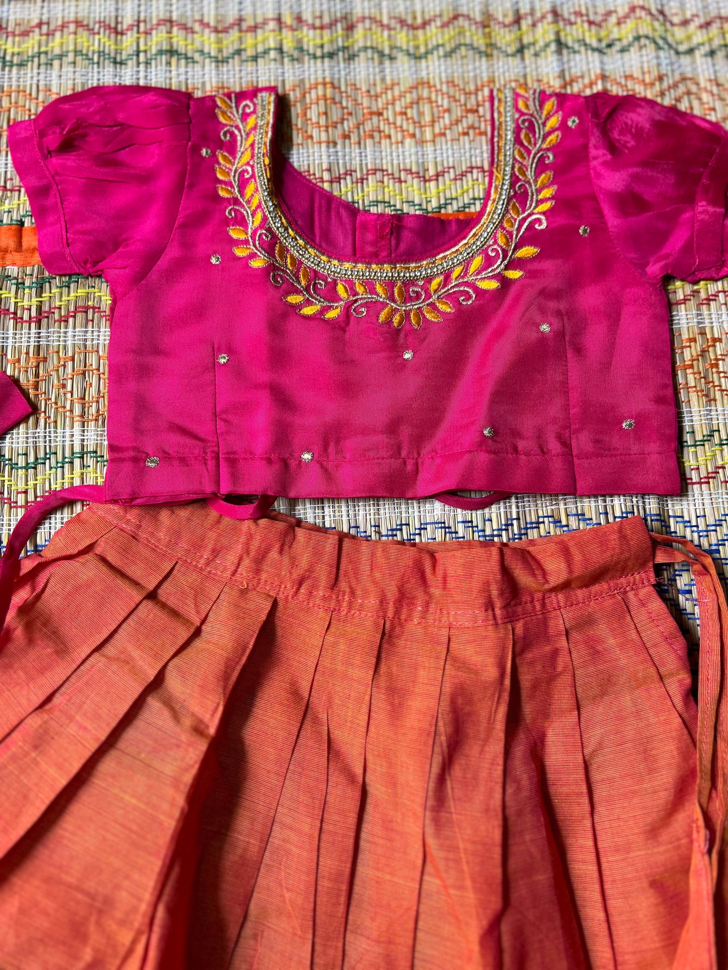 Orange with Pink U neck embroidery - Langa Blouse Ethnic Wear for Baby Girl