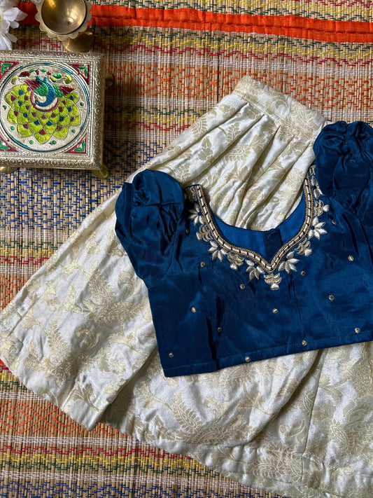 Teal blue and white Embroidered leaf Neck Langa Blouse Ethnic Wear for baby girl