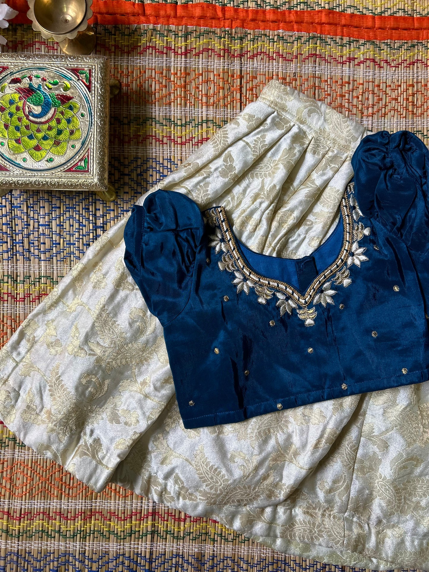 Teal blue and white Embroidered leaf Neck Langa Blouse Ethnic Wear for baby girl