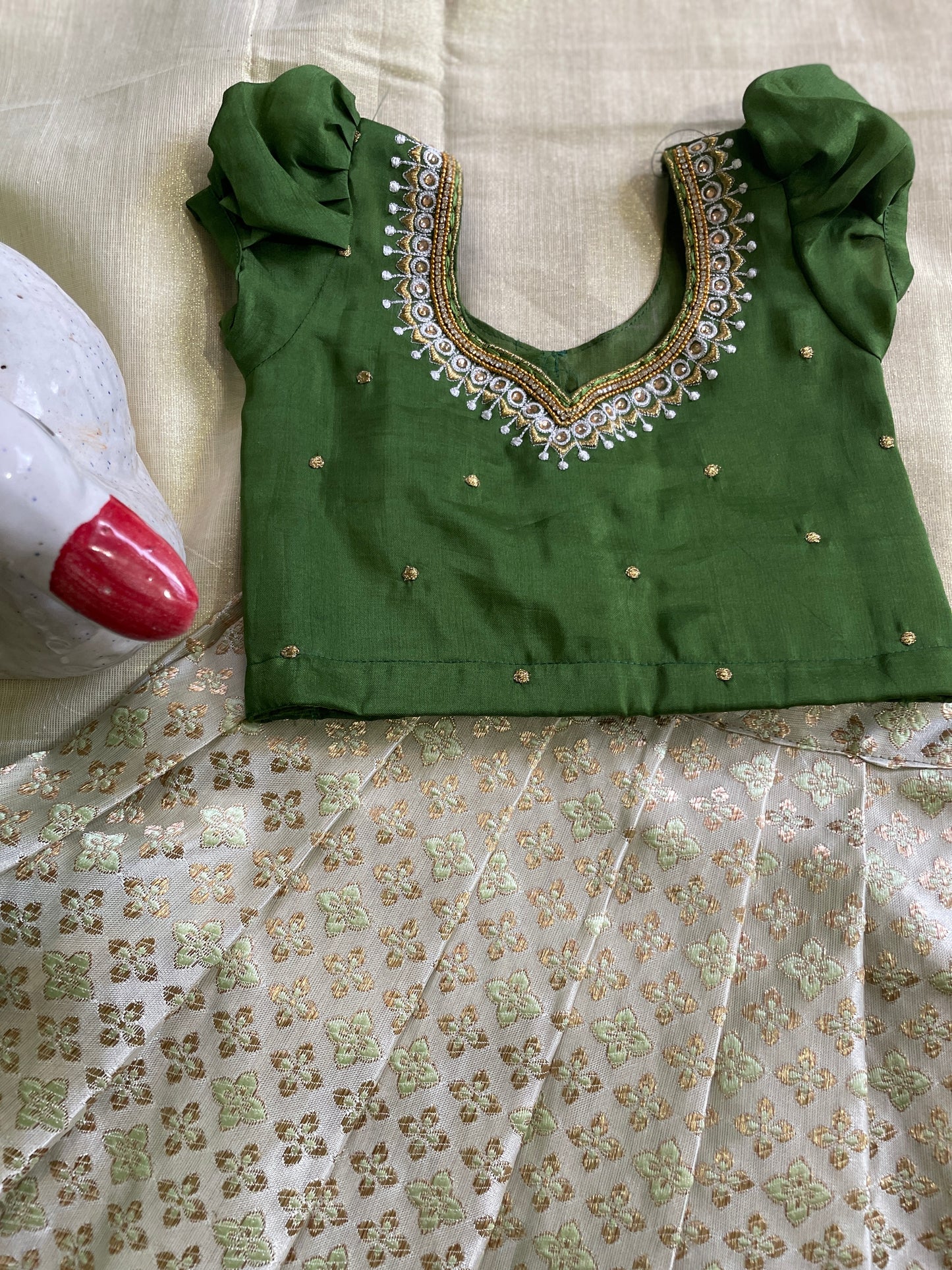 Mehendi green with light green silk south indian ethnic wear langa blouse for baby girl