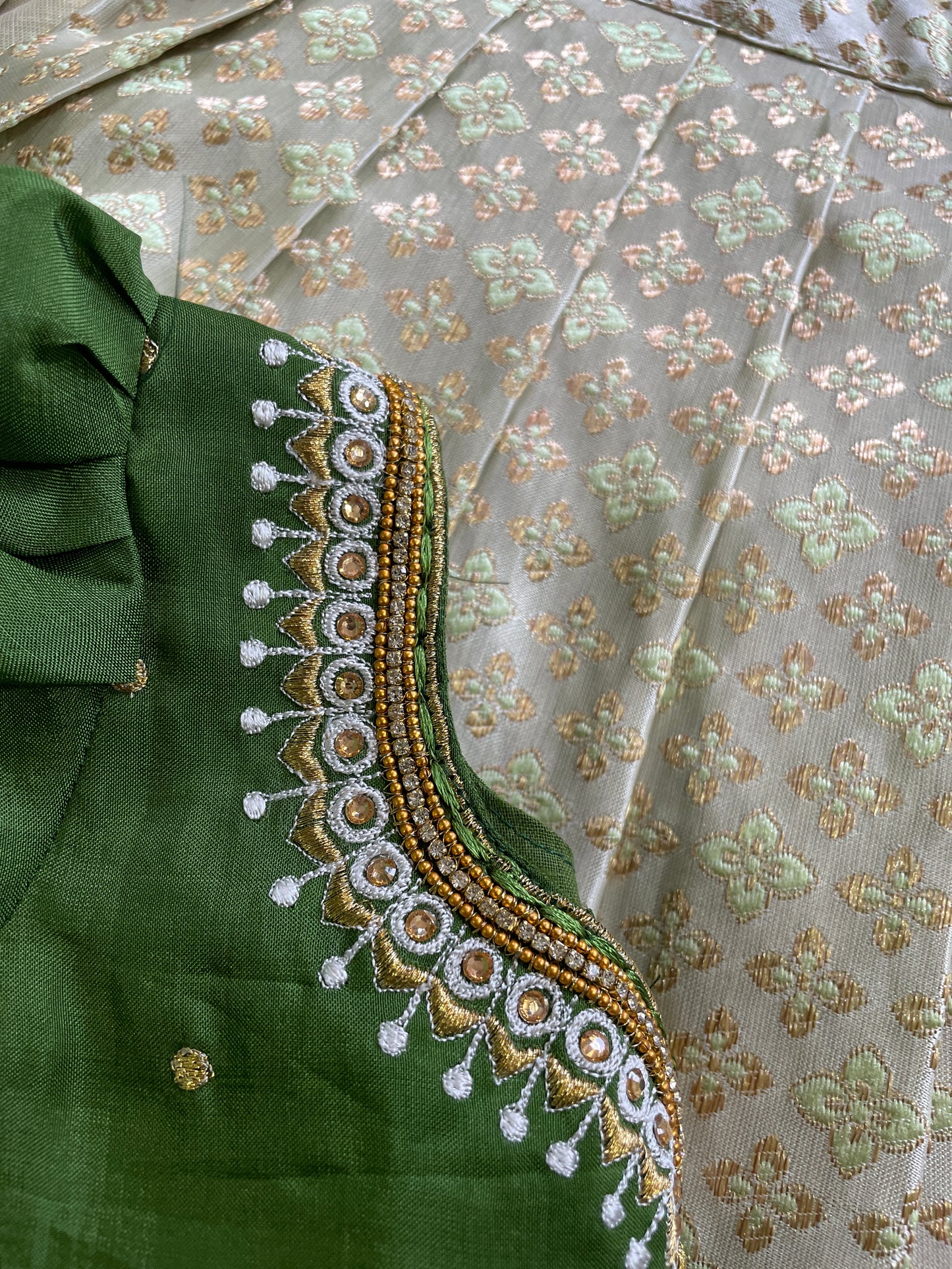 Mehendi green with light green silk south indian ethnic wear langa blouse for baby girl