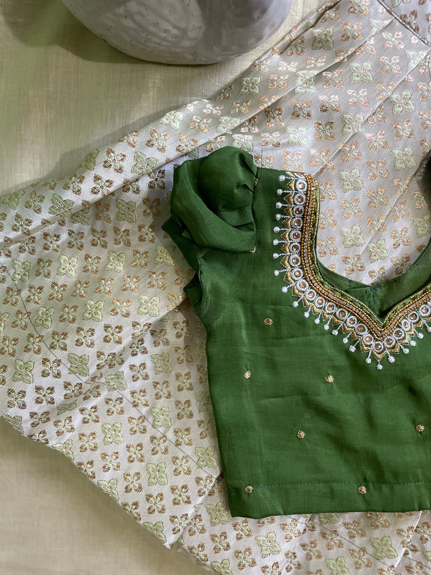 Mehendi green with light green silk south indian ethnic wear langa blouse for baby girl