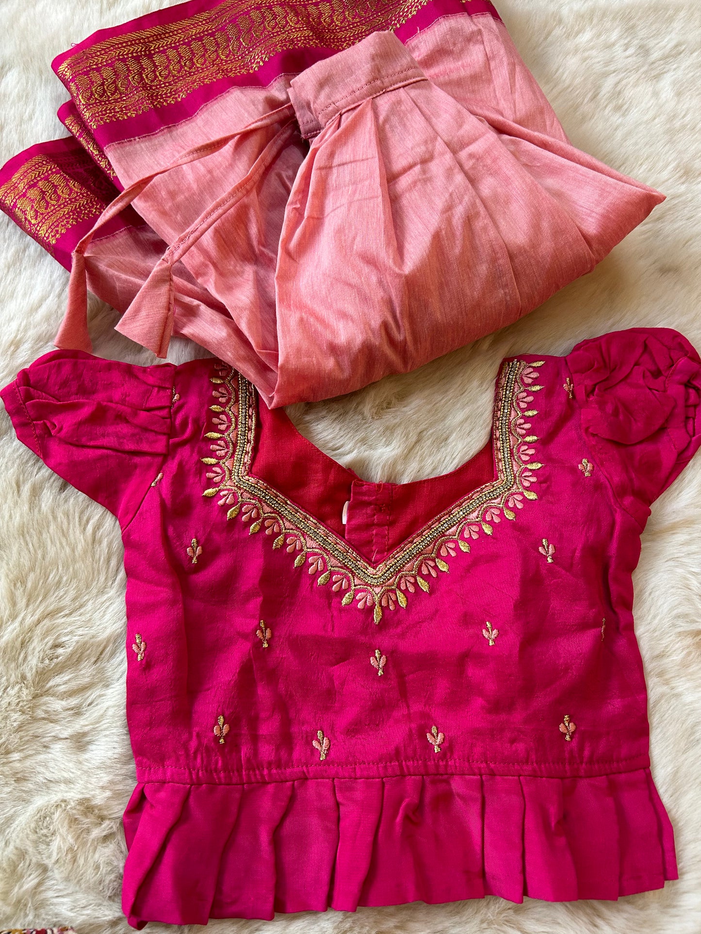 Pink and blush langa blouse ethnic lehenga dress for baby girl (Diamond neck)