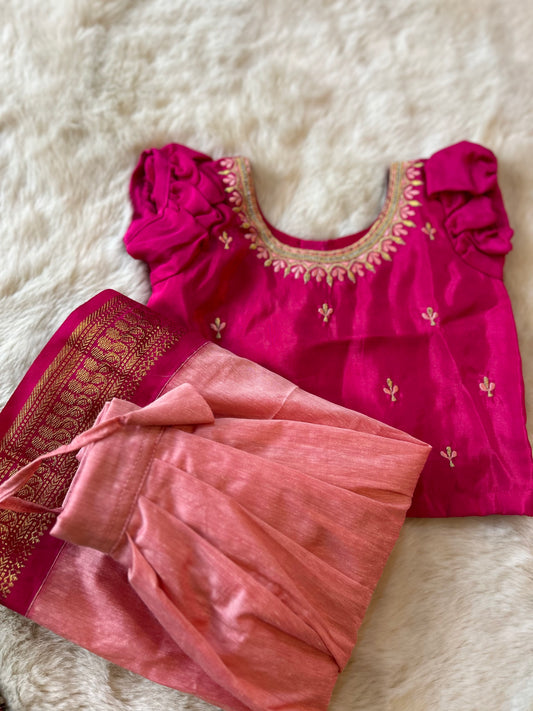 Pink and blush langa blouse ethnic lehenga dress for baby girl (Round neck)