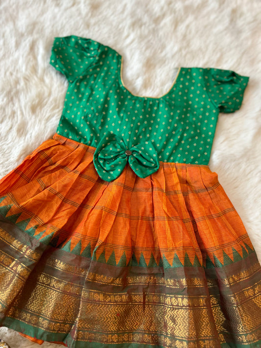 Green with mustard yellow (Vintage Collar) - Kanchi Cotton Silk South Indian Ethnic Frock for Baby Girl