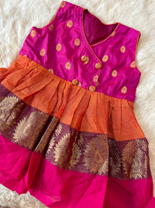 Pink with divine orange- Kanchi Cotton Silk South Indian Ethnic Frock for Baby Girl