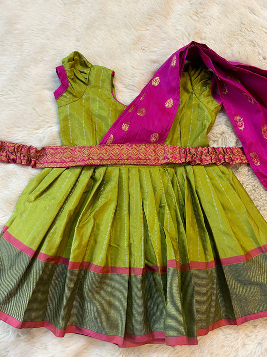 Parrot green and festive pink half saree, langa voni, pattu pavada baby saree ethnic wear for baby girl