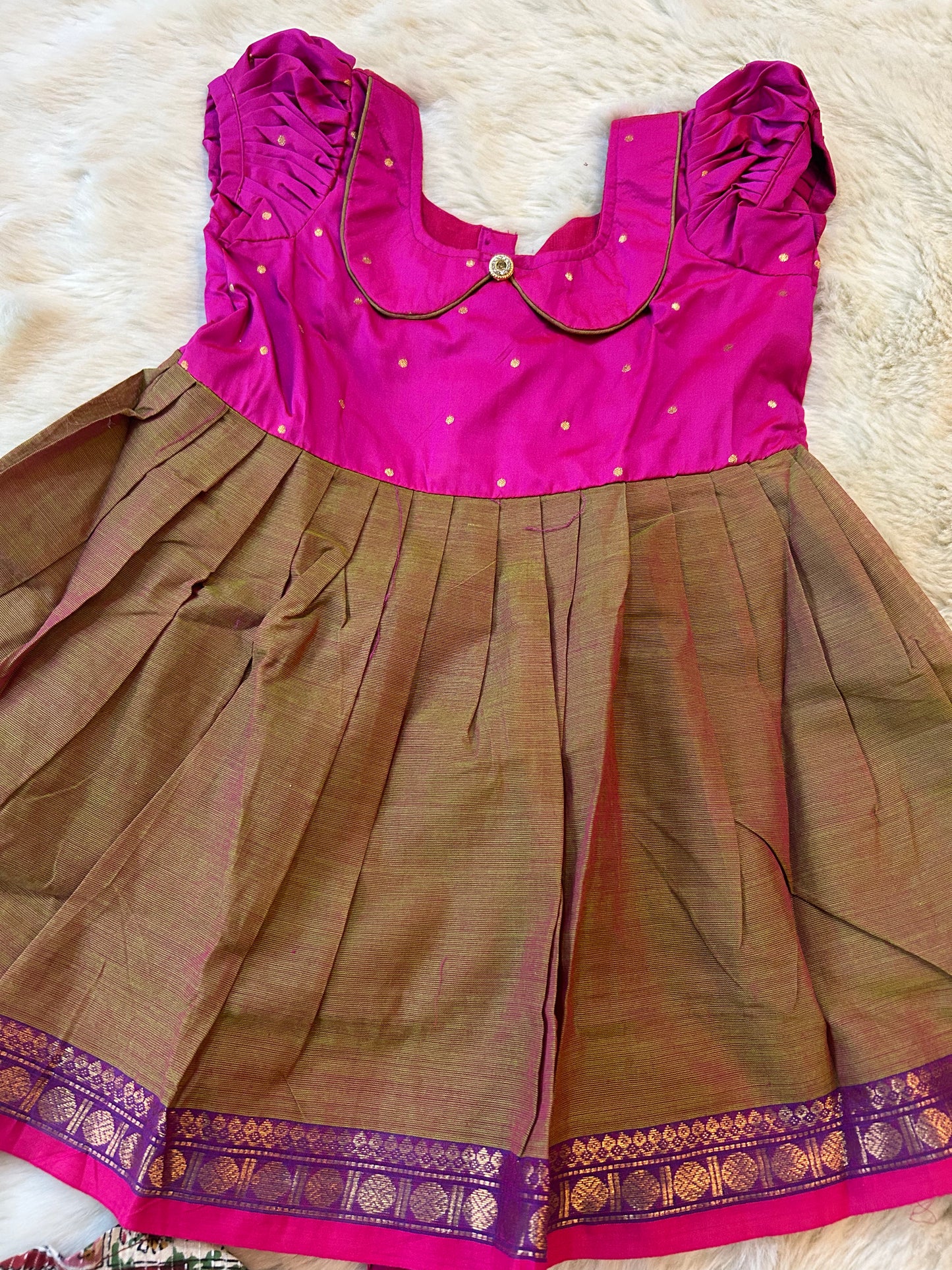 Pink with khadi brown (Vintage Collar) - Kanchi Cotton Silk South Indian Ethnic Frock for Baby Girl