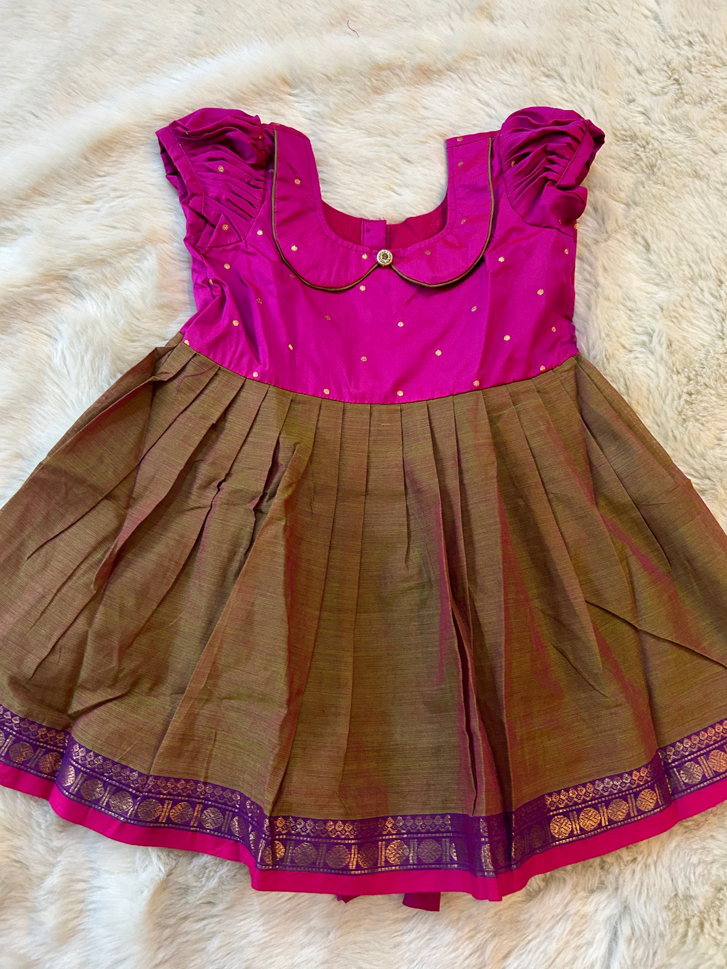 Pink with khadi brown (Vintage Collar) - Kanchi Cotton Silk South Indian Ethnic Frock for Baby Girl