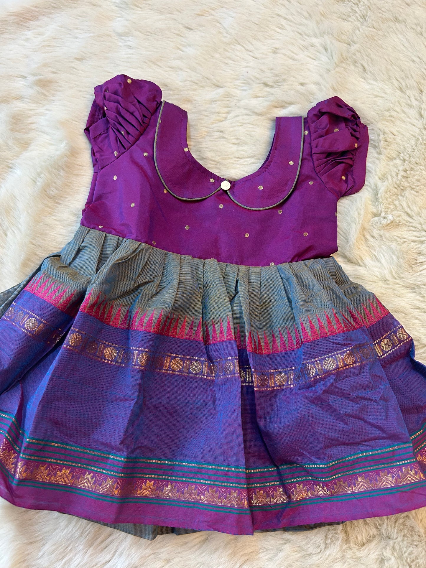 Wine with bluish purple (Vintage Collar) - Kanchi Cotton Silk South Indian Ethnic Frock for Baby Girl