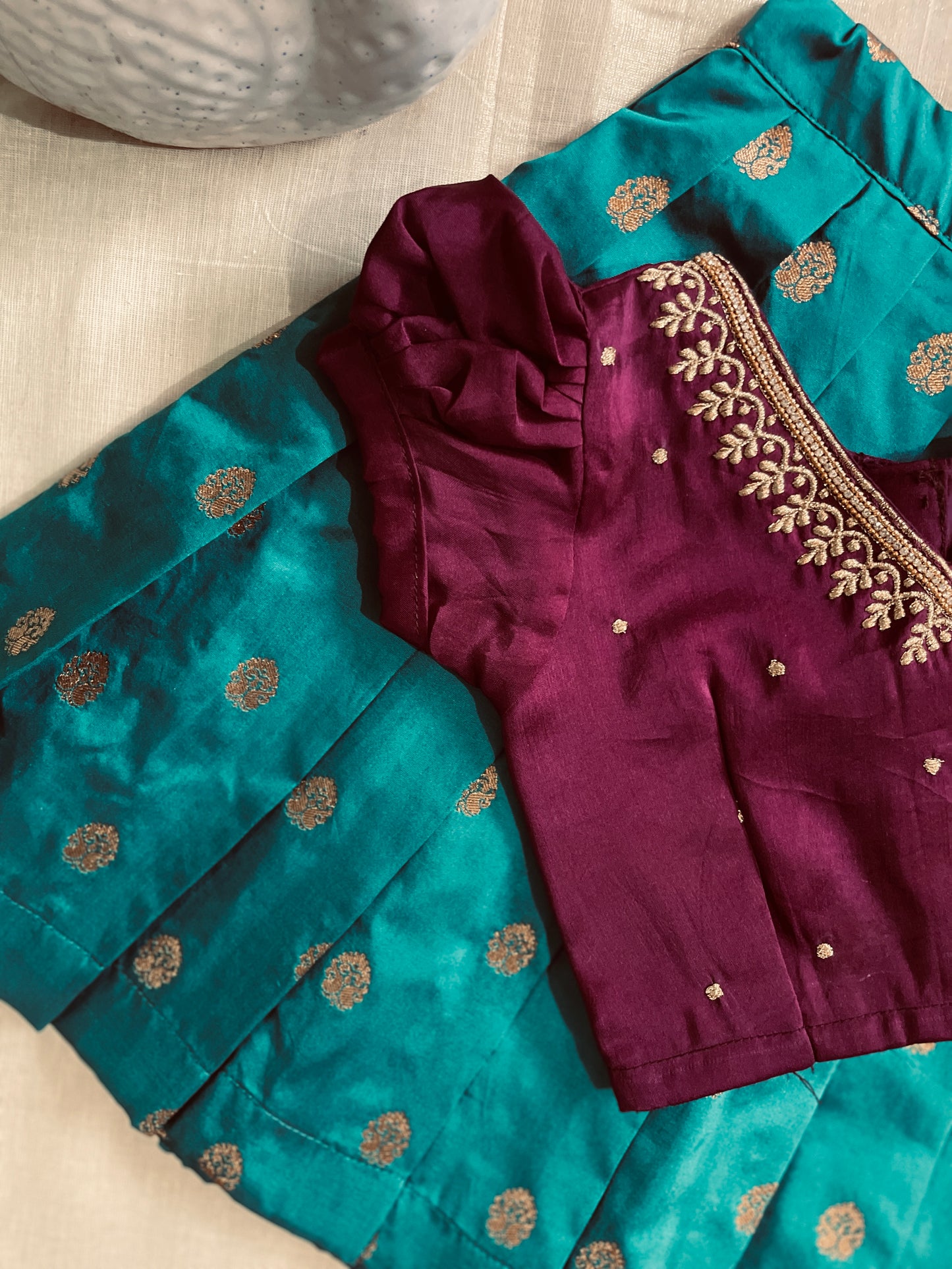 Wine with peacock blue silk south indian ethnic wear langa blouse for baby girl