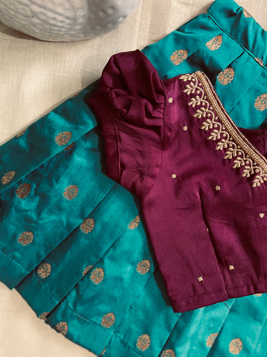 Wine with peacock blue silk south indian ethnic wear langa blouse for baby girl