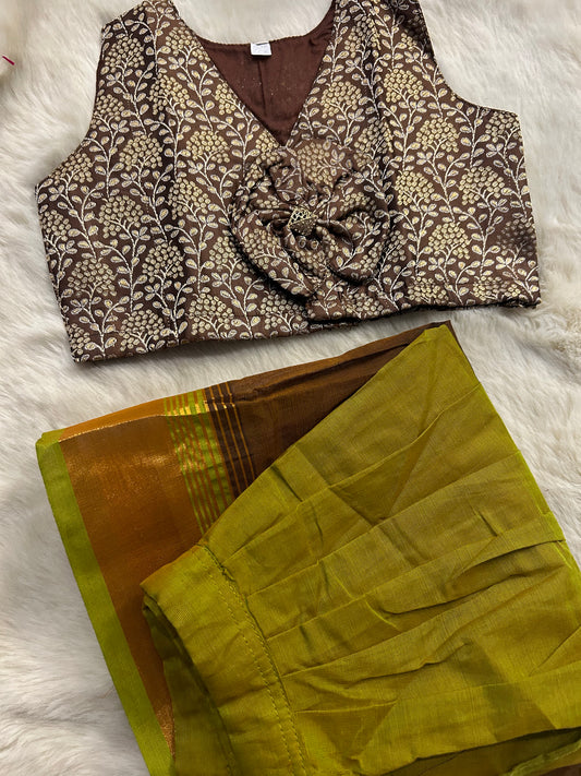 Banarasi designer brown bow blouse with mehendi green langa pavadai ethnic wear for baby girl