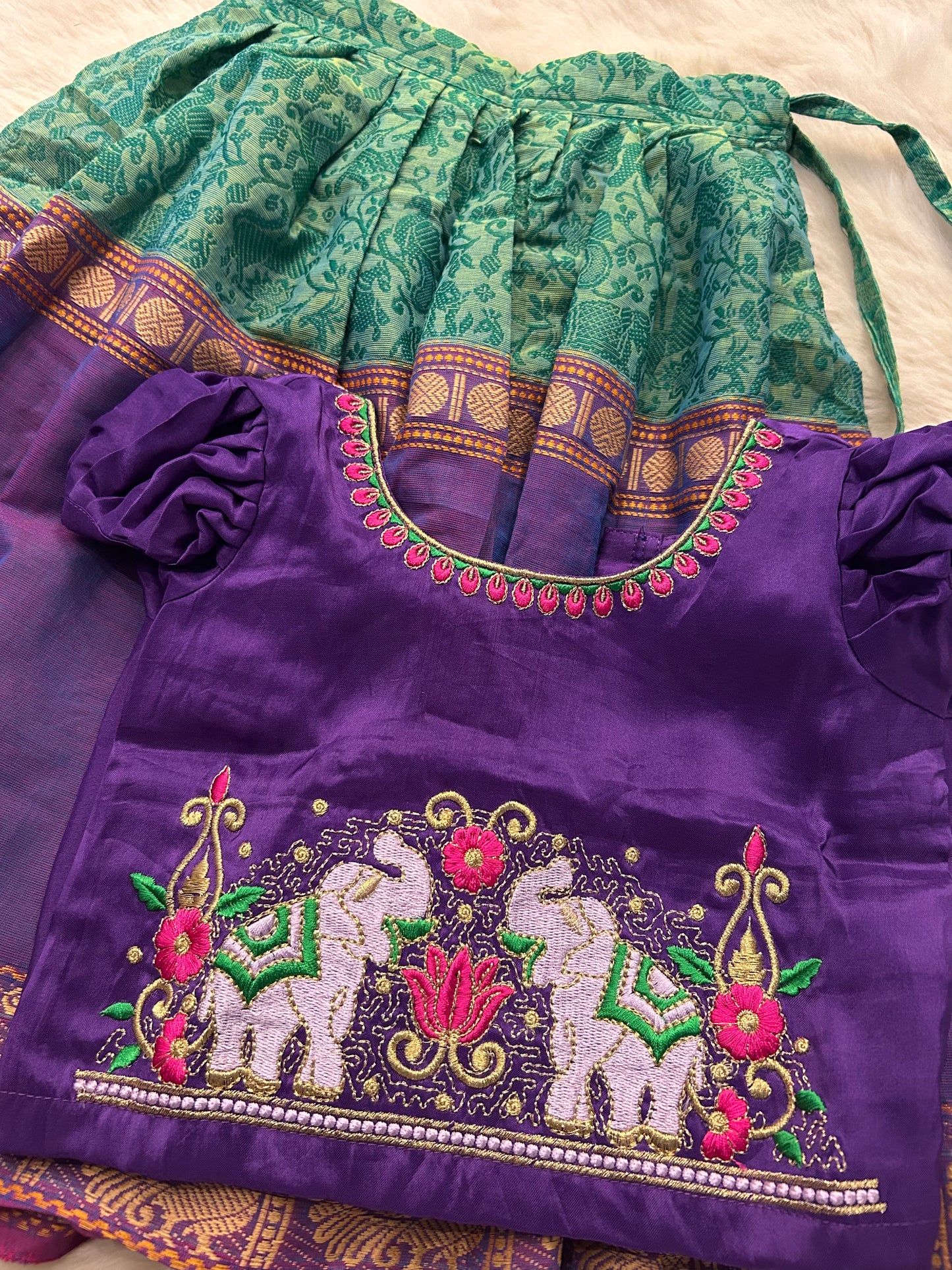 Purple with green pink beautiful elephant embroidery work langa blouse, pavada, lehenga for baby girl ethnic wear