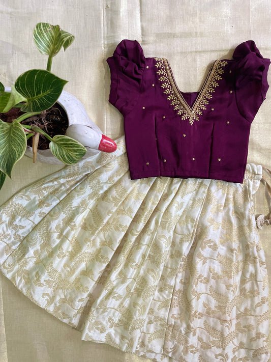 Wine and white silk south indian ethnic wear langa blouse for baby girl