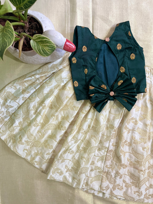 Bottle green with white silk south indian ethnic wear langa blouse for baby girl