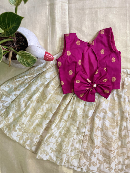 Pink and white silk south indian ethnic wear langa blouse for baby girl