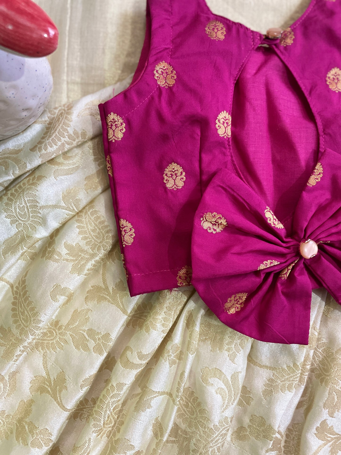 Pink and white silk south indian ethnic wear langa blouse for baby girl