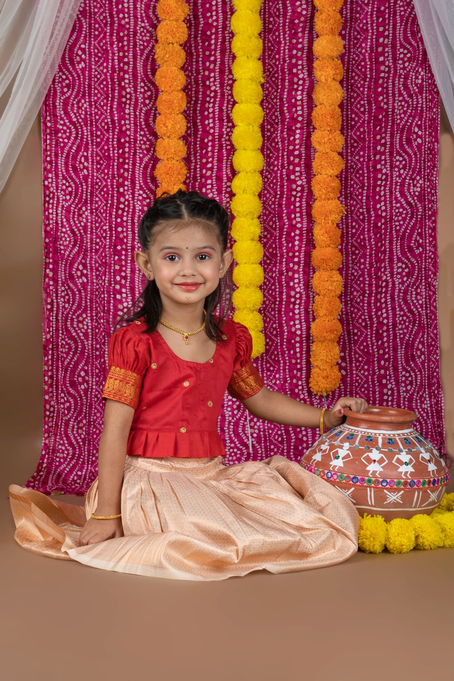 Hot red with cream hand embroidery langa blouse for baby girl