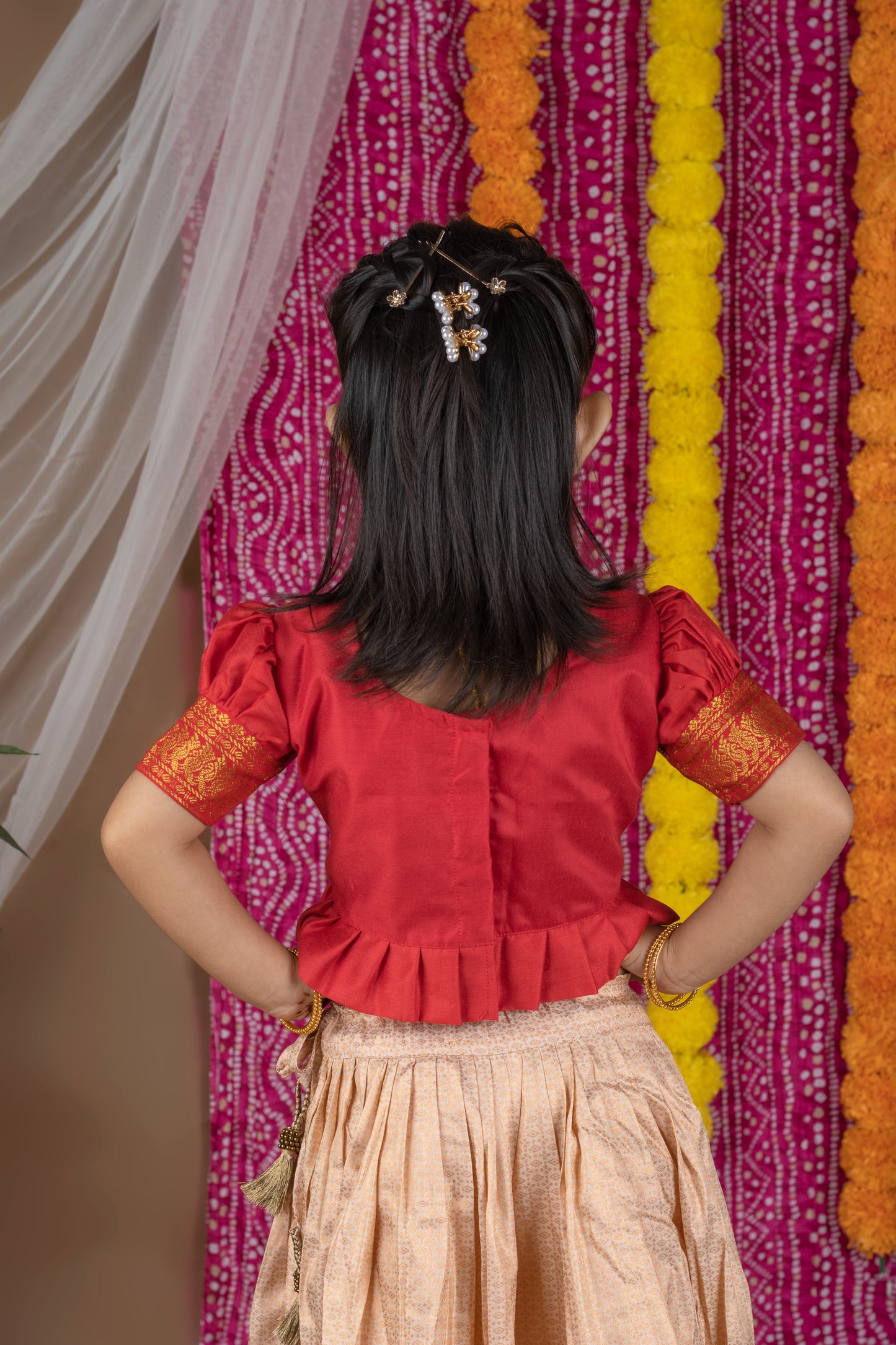 Hot red with cream hand embroidery langa blouse for baby girl