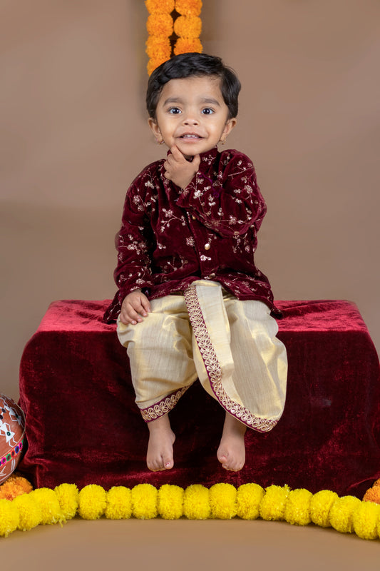 Maroon and Gold Dhoti Ethnic Wear for Baby Boy