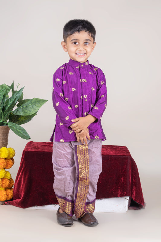 Lavenderish Grey and wine embroidered kurta dhoti ethnic dress for baby boy