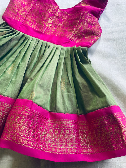 Pink and nature green tie up ethnic dress soft kalyani cotton with zari border for baby girl