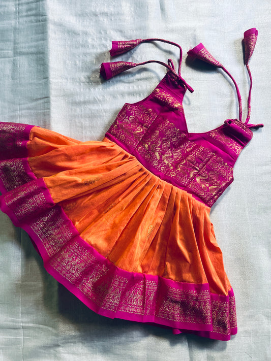 Pink and orange tie up ethnic dress soft kalyani cotton with zari border for baby girl