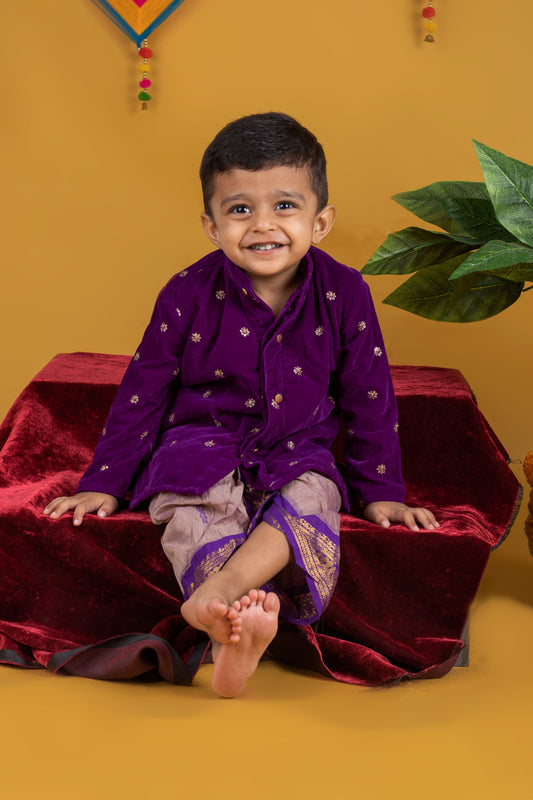 Purple velvet and lavendar dhoti for baby boy traditional dress