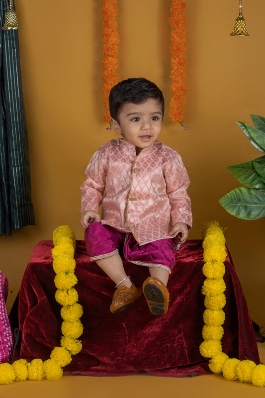 Simple pink and magenta kurta dhoti pure silk set ethnic wear for baby boy