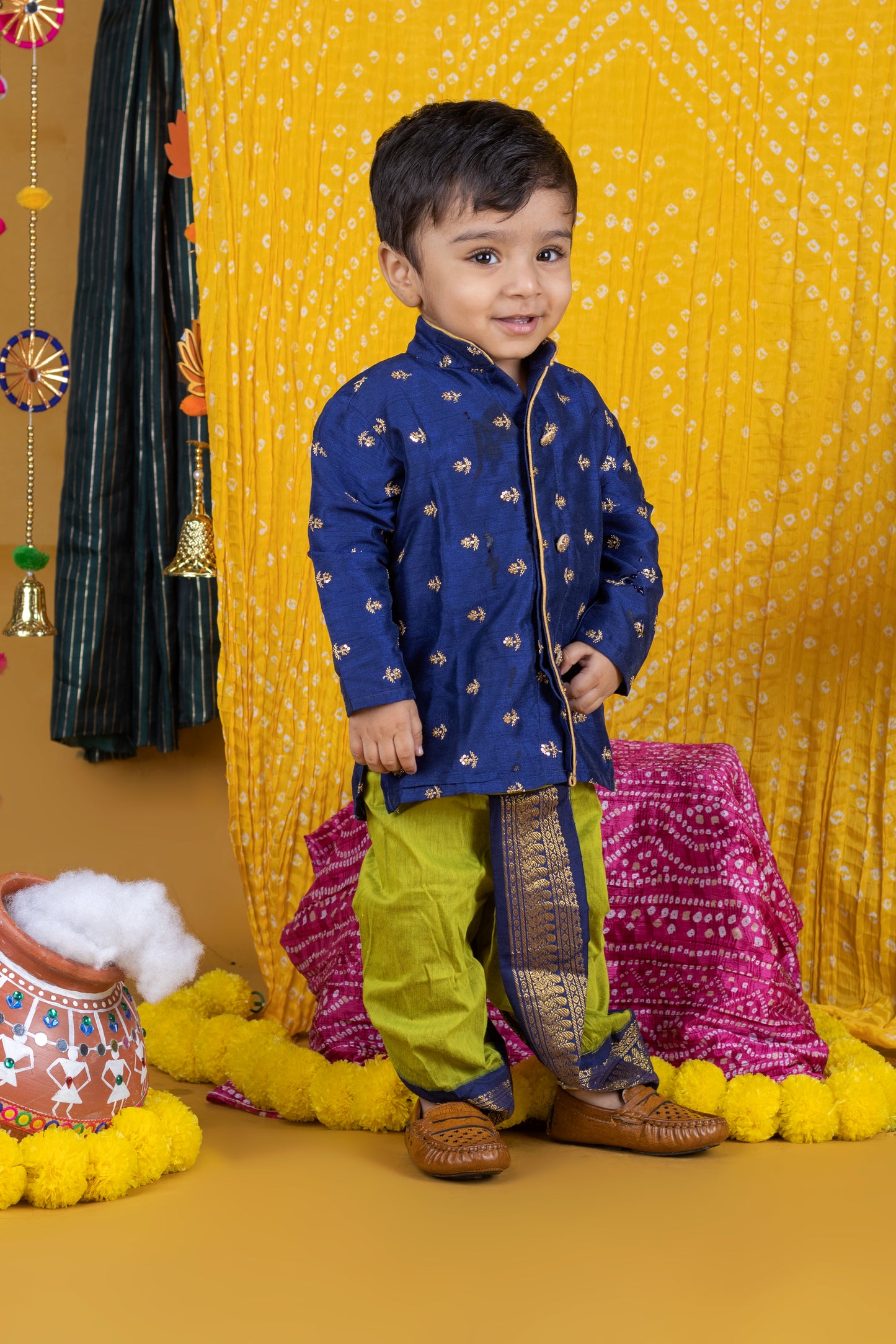Green and navy blue embroidered kurta dhoti ethnic dress for baby boy
