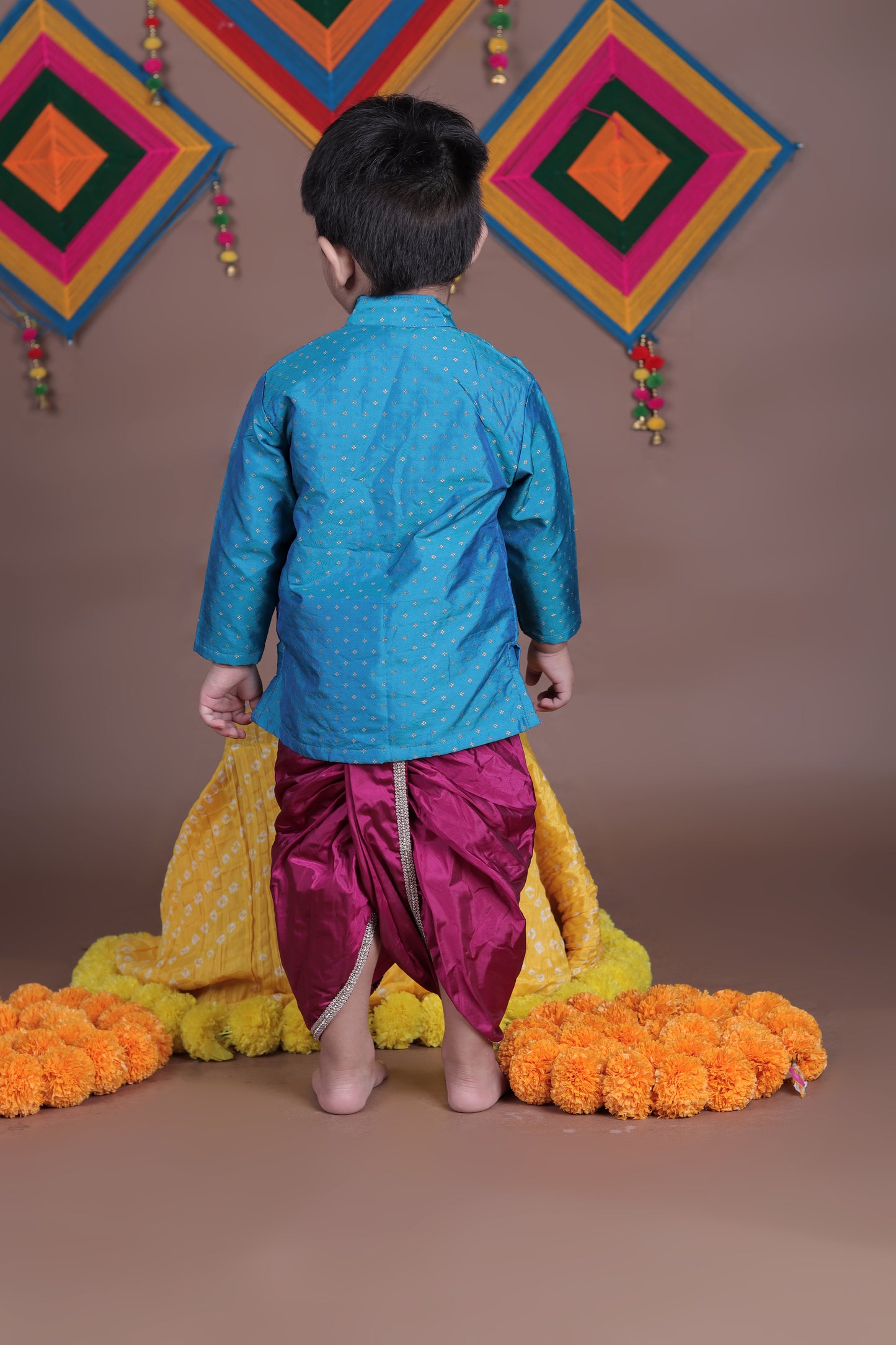 Aqua Blue and Pink Silk kurta dhoti ethnic dress for baby boy