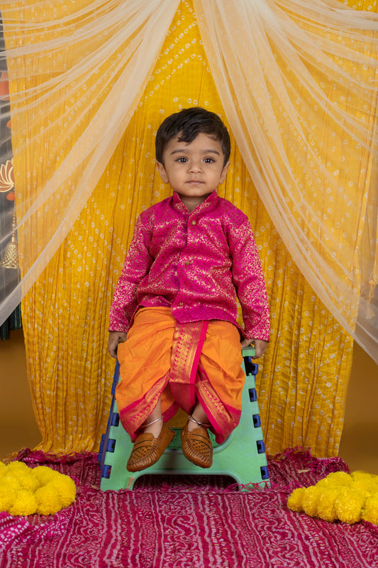 Pink and orange combination kurta dhoti ethnic wear for baby boy